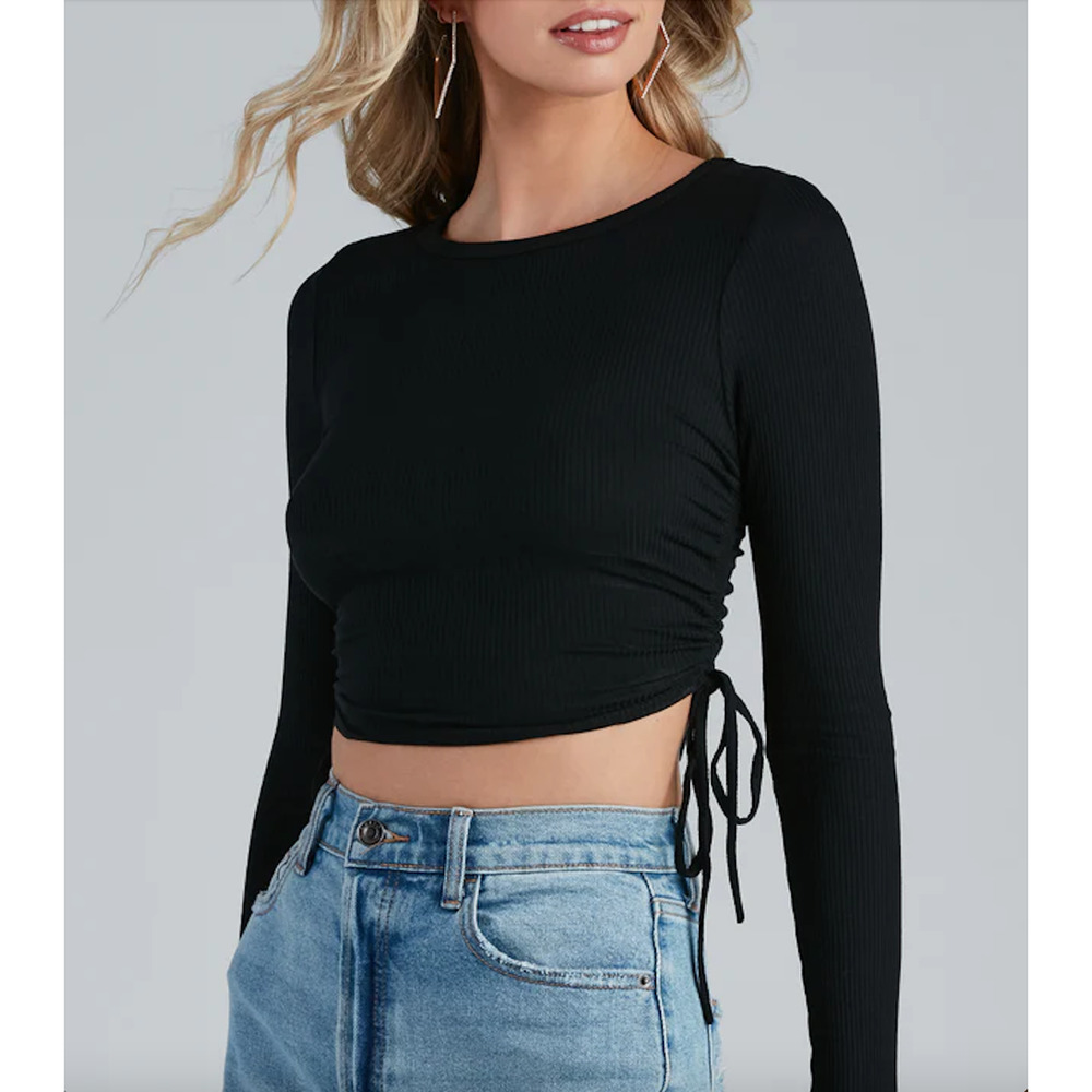 Windsor S Black Ribbed Knit Ruched Tie Up Side Long Sleeve Crop Top